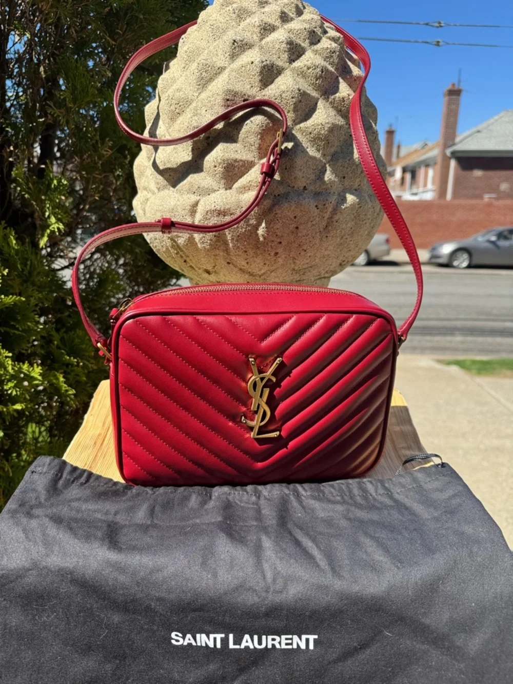 New! Saint Laurent Quilted Red Leather Crossbody Camera Bag with Gold YSL Logo